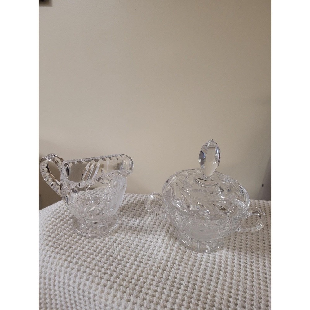 Crystal Sugar Bowl/Lid & Creamer Set Vintage Intricate Cut Floral Design‎